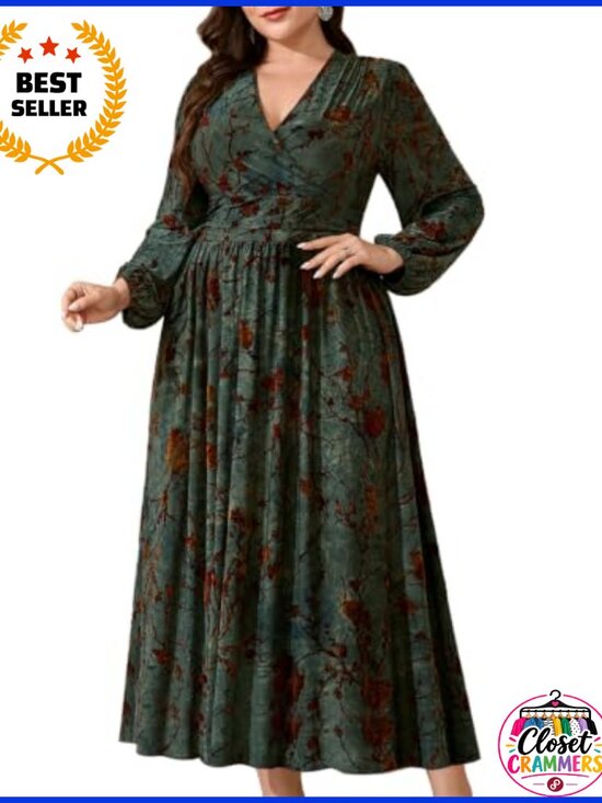 Dresses & Skirts - Plus Size Wrap Floral Midi Dress Puff Sleeves A-Line Tie-Dye Fall